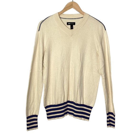 Paul Frank Men’s Vneck Sweater Pullover Cream Stripe Size Medium - Picture 1 of 9